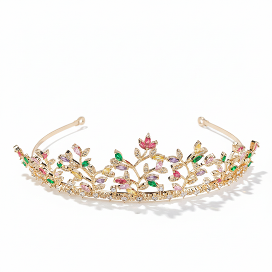 Romantic 14K Gold Plated Copper Tiara with Multicolor Zircon Floral Arrangement for Bridal & Special Events