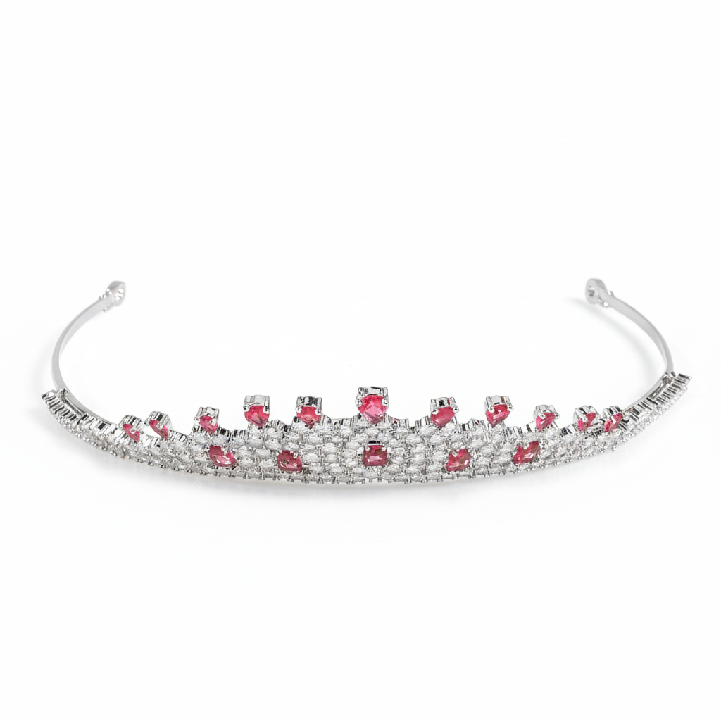 Rhodium-Plated Copper Tiara with Red Zircon Accents and Crystalline Detailing
