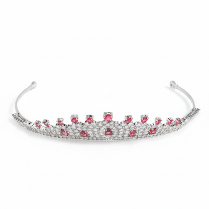 Rhodium-Plated Copper Tiara with Red Zircon Accents and Crystalline Detailing
