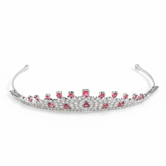Rhodium-Plated Copper Tiara with Red Zircon Accents and Crystalline Detailing