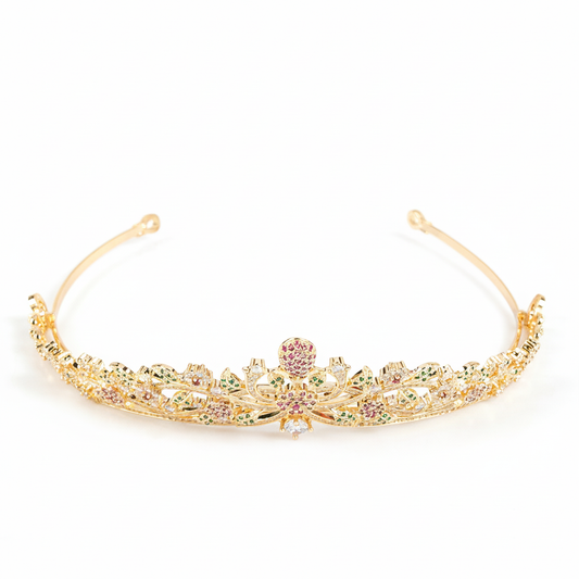 Regal 14K Gold-Tone Copper Tiara with Multi-Color Zircon Floral Motifs and Central Gemstone Focus