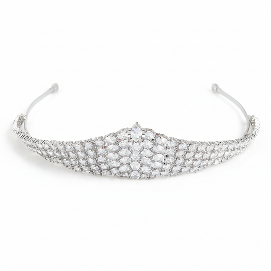 Regal Rhodium-Plated Copper Tiara with Multi-Cut Cubic Zirconia & Floral-Inspired Architecture for Bridal Elegance & Formal Galas
