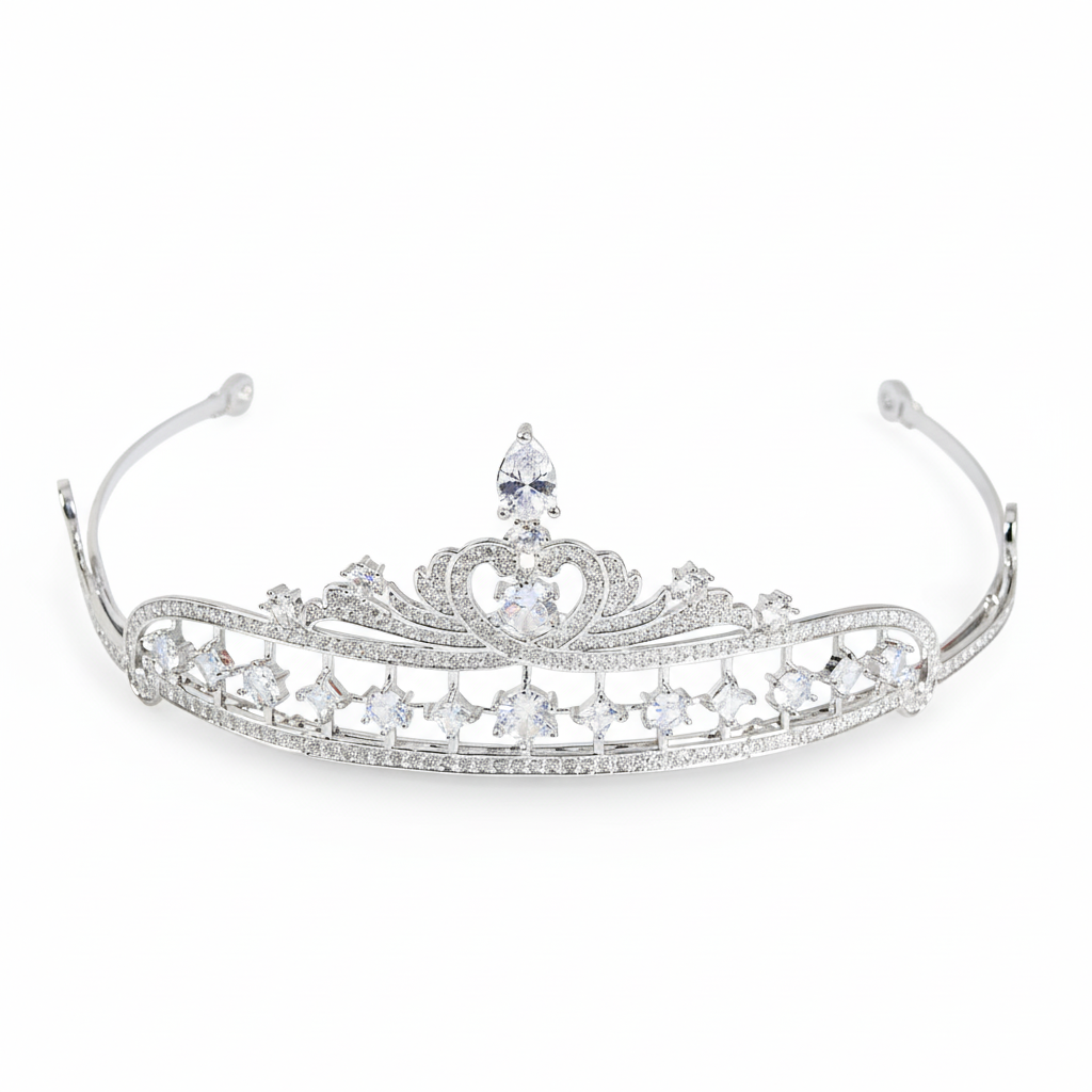 Elegant Rhodium-Plated Copper Tiara with Pear-Cut & Heart-Shaped Cubic Zirconia for Bridal Collections