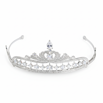 Elegant Rhodium-Plated Copper Tiara with Pear-Cut & Heart-Shaped Cubic Zirconia for Bridal Collections