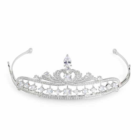 Elegant Rhodium-Plated Copper Tiara with Pear-Cut & Heart-Shaped Cubic Zirconia for Bridal Collections