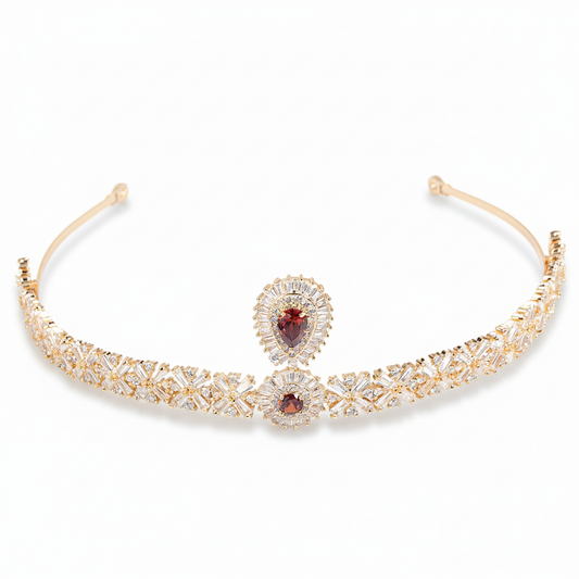 Regal 14K Gold-Tone Copper Tiara with Pear-Cut Red Zircon Center and Floral Crystal Accents