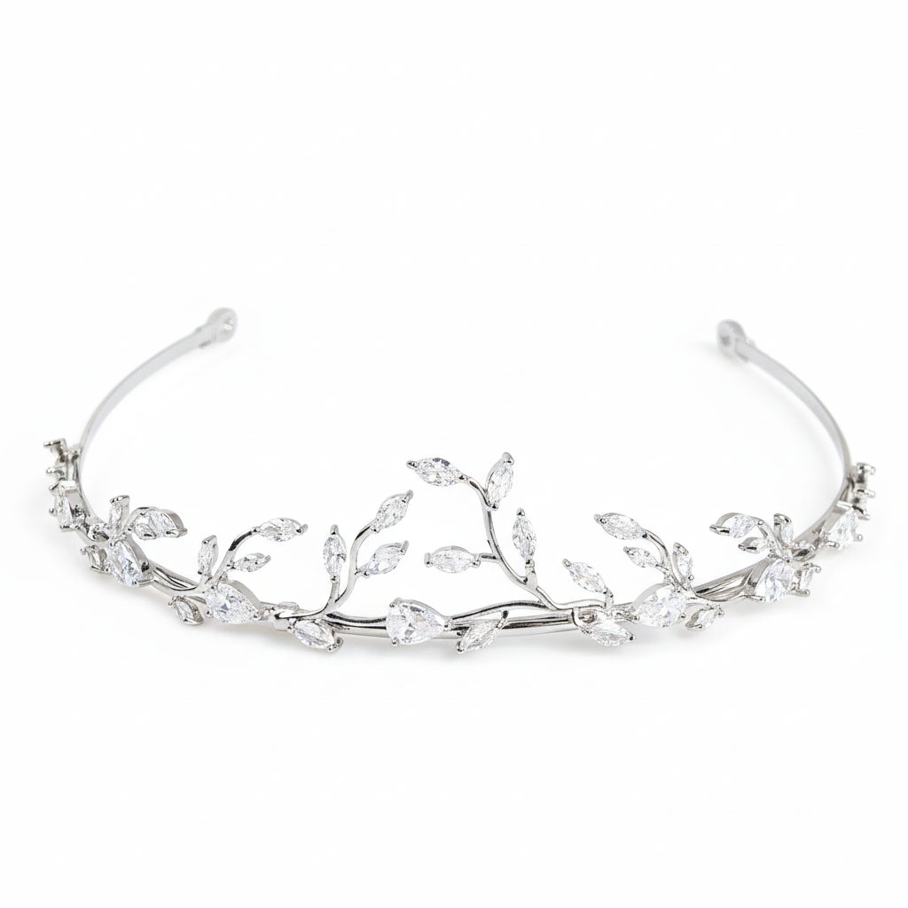 Elegant Rhodium-Plated Copper Tiara with Marquise & Pear-Cut Cubic Zirconia Floral Vine Design