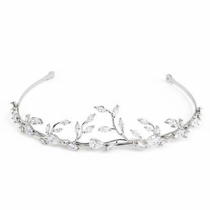 Elegant Rhodium-Plated Copper Tiara with Marquise & Pear-Cut Cubic Zirconia Floral Vine Design