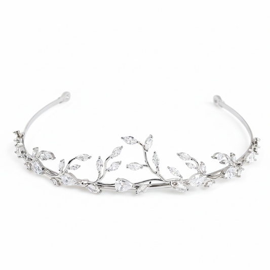 Elegant Rhodium-Plated Copper Tiara with Marquise & Pear-Cut Cubic Zirconia Floral Vine Design
