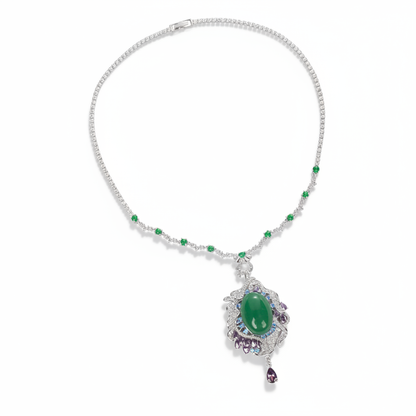 Vintage-Inspired Green Zircon & Purple Gemstone Copper Statement Necklace with Elaborate Pendant