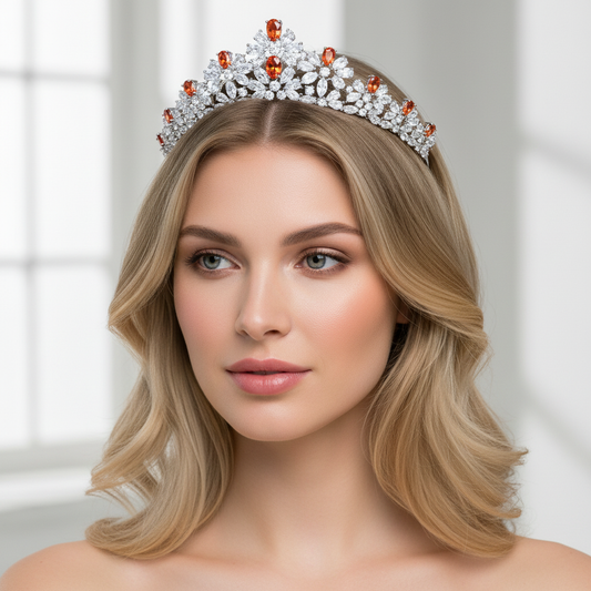 Elegant Copper & Zircon Tiara with Clear and Orange-Red Stone Accents for Wedding Occasions