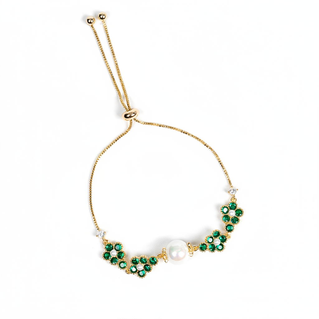 Elegant Pearl & Copper Floral Necklace with Green Zircon Accents and Gold-Tone Chain