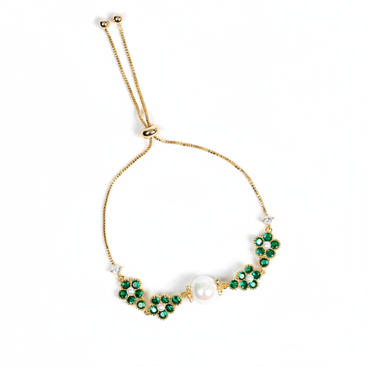 Elegant Pearl & Copper Floral Necklace with Green Zircon Accents and Gold-Tone Chain
