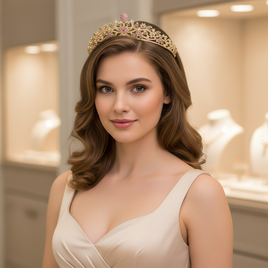 Regal 14K Gold-Tone Copper Tiara with Multi-Color Zircon Floral Motifs and Central Gemstone Focus