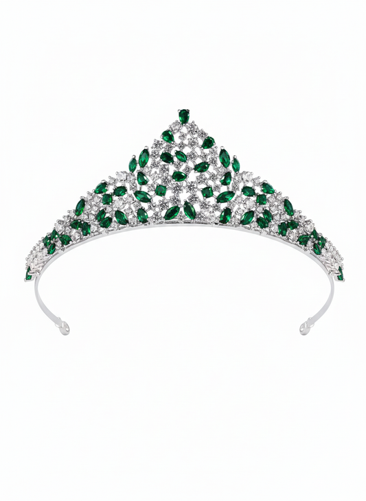 Regal Rhodium-Plated Copper Tiara with White & Emerald Zirconia and Floral Motifs