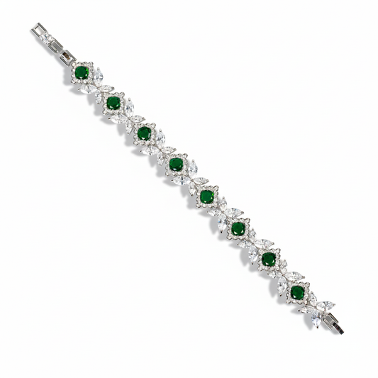 Elegant Rhodium-Plated Copper Bracelet with Green & White Cubic Zirconia Floral Cluster and Secure Clasp