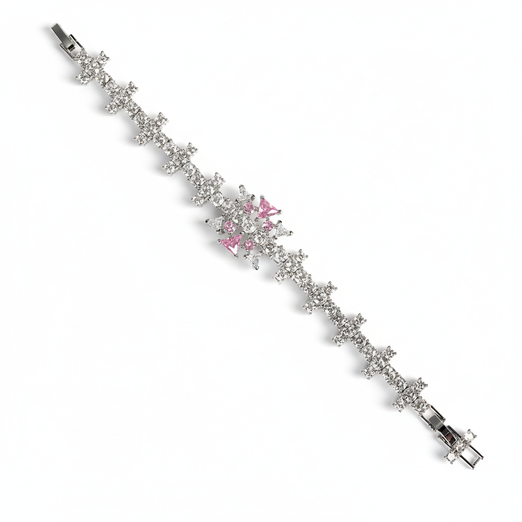 Elegant Floral Copper Bracelet with Pink Zircon Centerpiece & Cubic Zirconia Accents