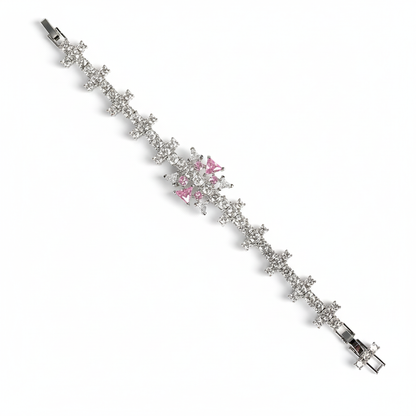 Elegant Floral Copper Bracelet with Pink Zircon Centerpiece & Cubic Zirconia Accents