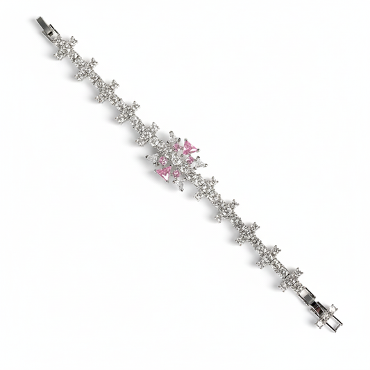 Elegant Floral Copper Bracelet with Pink Zircon Centerpiece & Cubic Zirconia Accents