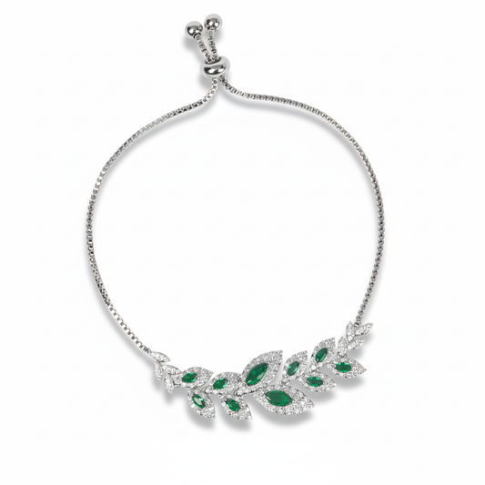 Nature-Inspired Leaf Design Copper Bracelet with Green & White Zircon Accents
