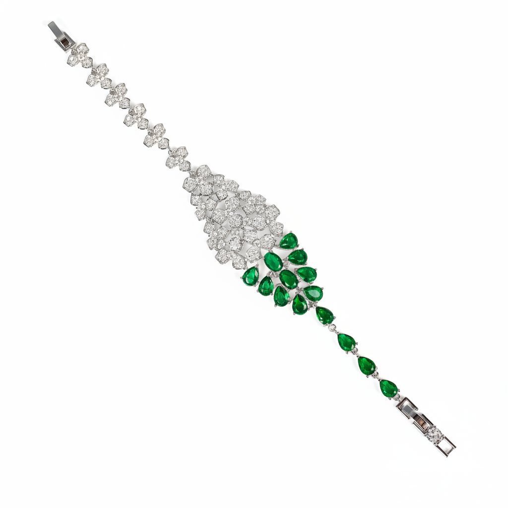 Clustered White Zircon & Teardrop Green Zircon Copper Statement Bracelet
