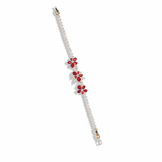 Floral Elegance: Copper Zircon Bracelet with Red Blossom & Crystal Halo Accents for Romantic Occasions & Daily Elegant Wear