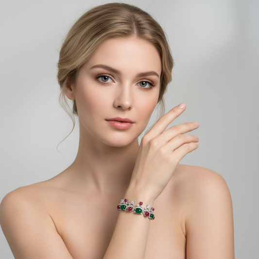 Elegant Rhodium-Plated Copper Bracelet with Multi-Color Zircon Floral Inlay and Secure Lobster Clasp