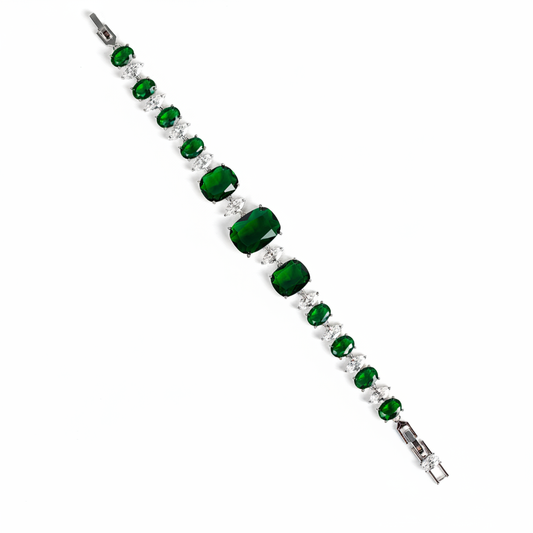 Green & White Zircon Copper Bracelet with Alternating Oval Stones and Silver Clasp for Everyday Elegance and Gift-Giving