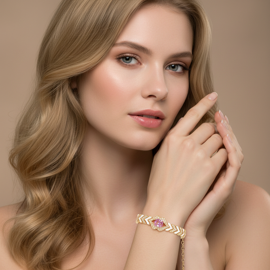 Ear of Wheat Inspired Copper Bracelet with Pink Zircon Floral Center for Elegant Daily Wear & Special Occasions