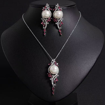 Rhodium-Plated Copper & Pearl Jewelry Set with Pink CZ Floral Arrangement and Matching Earrings