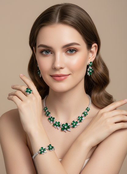 4pcs Copper with Zirconia Earrings & Necklace Jewelry Set