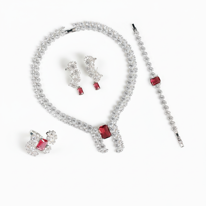 Elegant Rhodium-Plated Copper & CZ Jewelry Set with Red Gemstone Focal Points and All-Over Crystal Accents