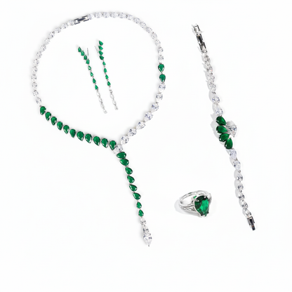Elegant Rhodium-Plated Copper & Zircon Jewelry Set with Green Teardrop Gems and Pearl Accents