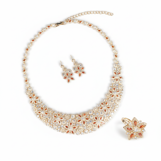 Luxury 14K Gold-Plated Copper CZ Jewelry Set with Floral Motif and All-Over Crystal Accents