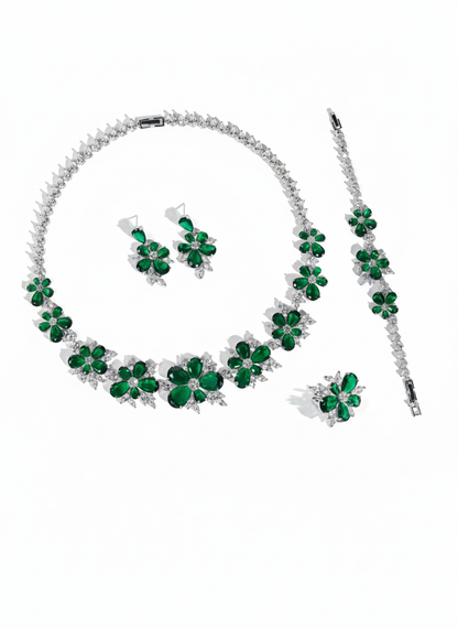 Elegant Rhodium-Plated Copper Floral Jewelry Set with Green Zircon Blossoms and Micro-Pave Crystal Accents