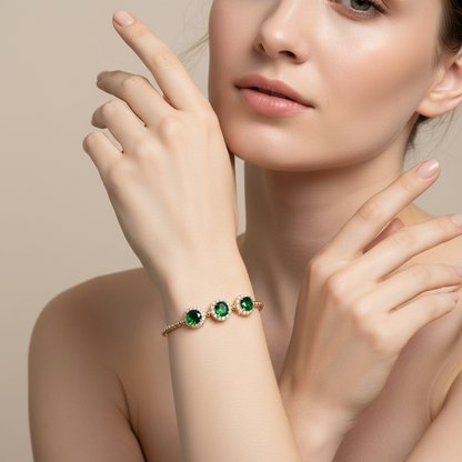 14K Golden Copper Beaded Bracelet with Green Gemstone Centers and Zircon Floral Halos for Elegant Daily Wear & Gift-Giving Occasions