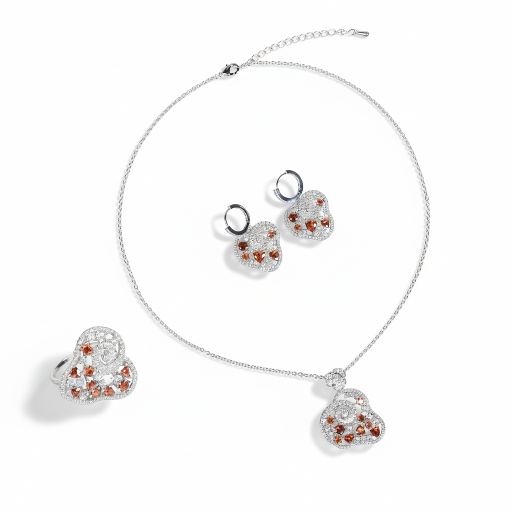 Elegant Rhodium-Plated Copper & CZ Heart Set with Fiery Orange-Red Zircon Accents and 4-Piece Matching Collection