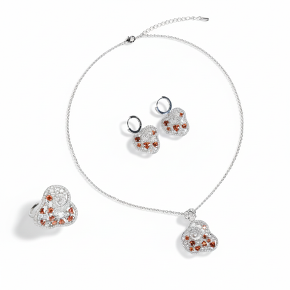 Elegant Rhodium-Plated Copper & CZ Heart Set with Fiery Orange-Red Zircon Accents and 4-Piece Matching Collection