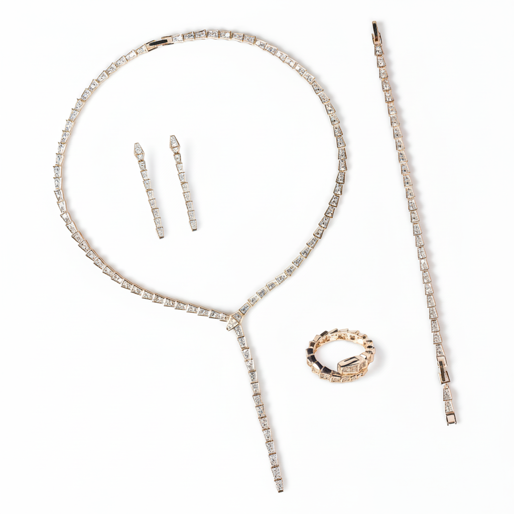 14K Gold-Plated Copper CZ Jewelry Set with Y-Necklace & Matching 4-Piece Collection