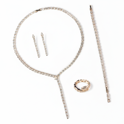 14K Gold-Plated Copper CZ Jewelry Set with Y-Necklace & Matching 4-Piece Collection