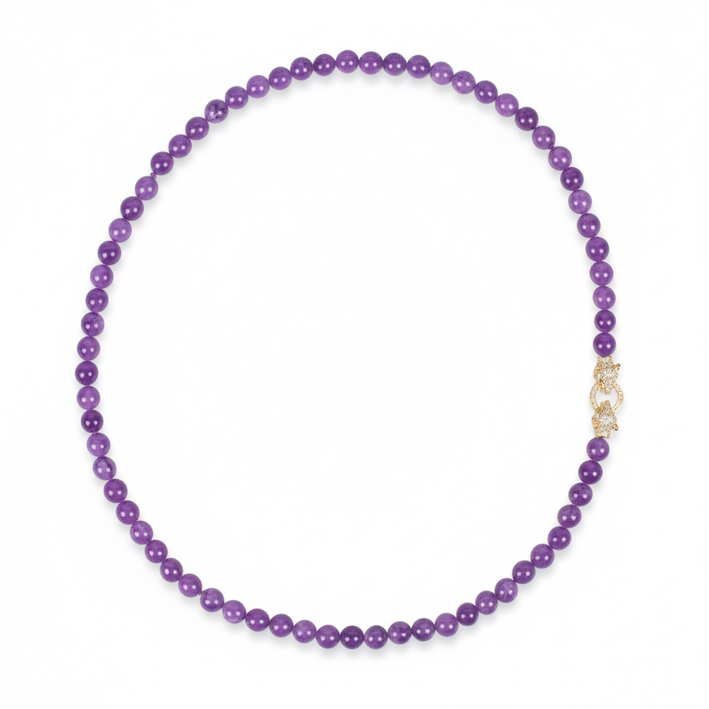 Elegant Purple Amethyst Beaded Necklace with Gold-Tone Copper & Zircon Clasp