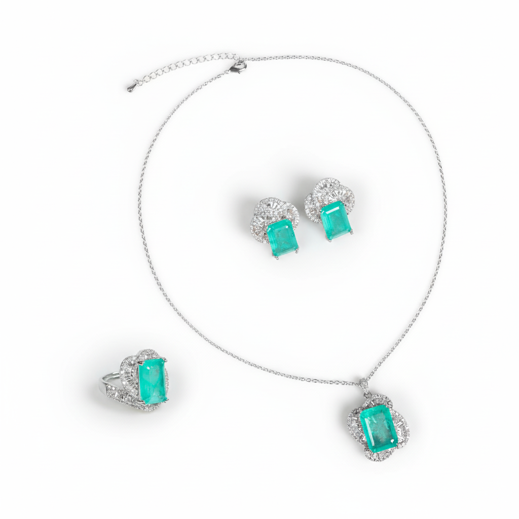 Elegant Rhodium-Plated Copper & CZ Jewelry Set with Emerald Green Gemstones and Micro-Pave Detailing