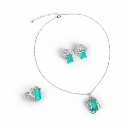 Elegant Rhodium-Plated Copper & CZ Jewelry Set with Emerald Green Gemstones and Micro-Pave Detailing