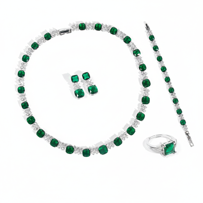 Elegant Rhodium-Plated Copper & CZ Jewelry Set with Emerald Green Zircon Accents and Diamond-Cut Detailing