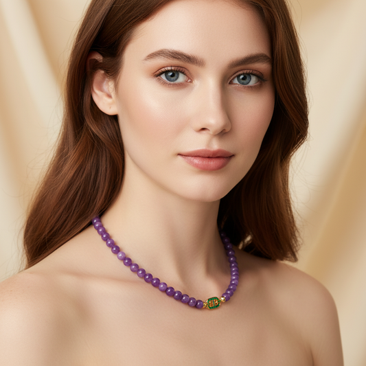 Regal Amethyst Gemstone Necklace with Ornate Gold-Tone Copper & Zircon Clasp Hot Sale Jewelry Beaded
