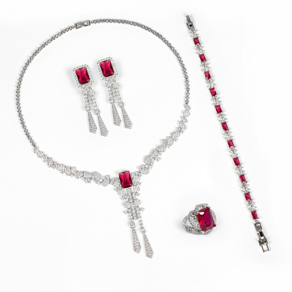 Luxury Rhodium-Plated Copper & CZ Jewelry Set with Red Gemstone Focal Points and All-Over Crystal Accents