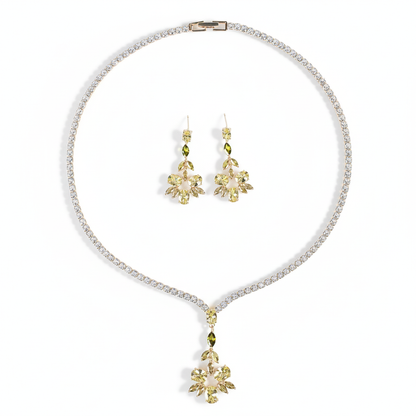 Luxury 14K Gold-Tone Copper & Cubic Zirconia Necklace & Earring Set with Floral Motif and Yellow Central Gemstone