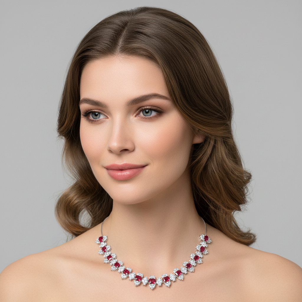 Vivid Red Zircon & Copper Statement Necklace with Intricate Square Setting