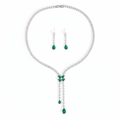 Elegant Rhodium-Plated Copper CZ Necklace & Earring Set with Pear-Shaped Green Gemstone Drops