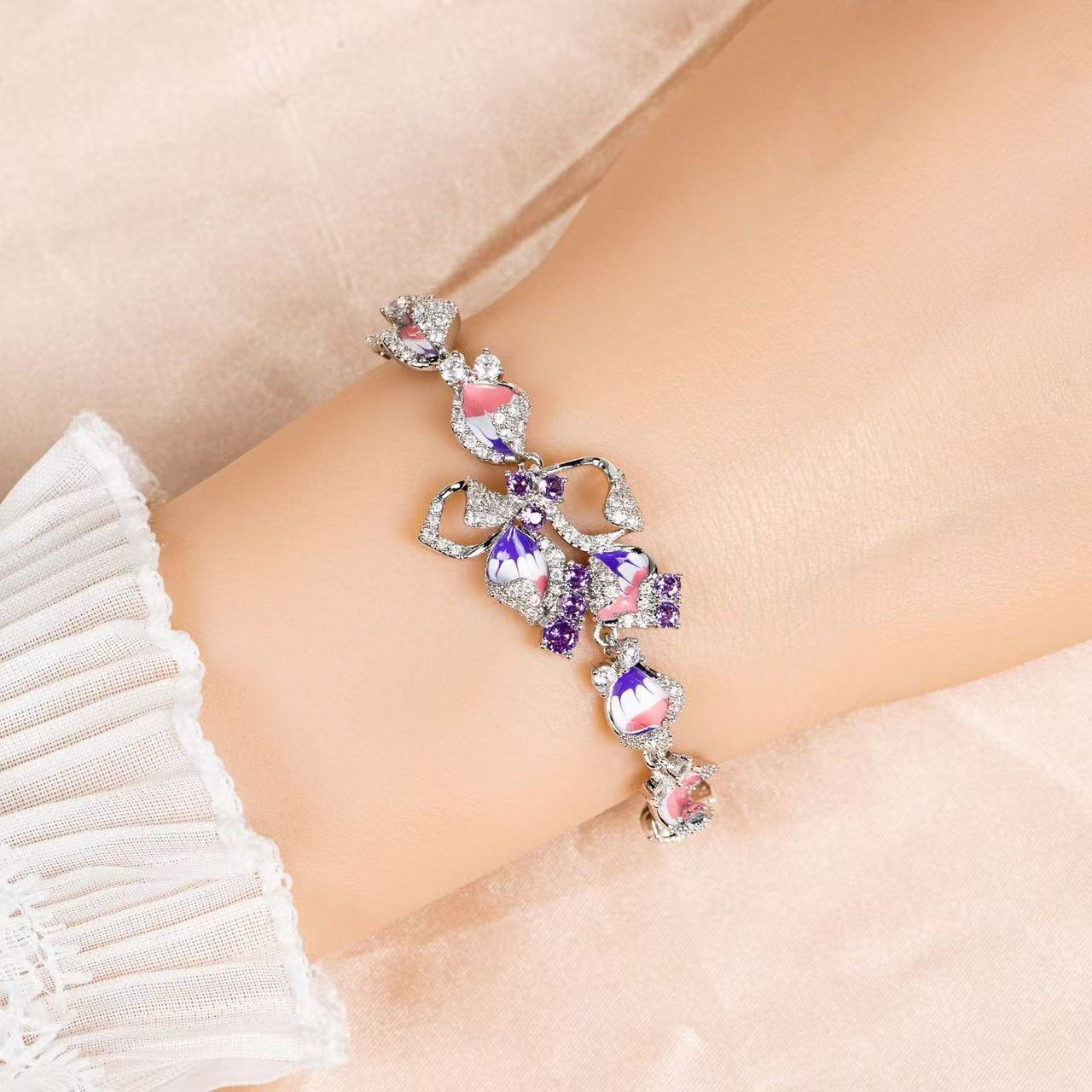Crystal Floral Copper Bracelet with Pink-Purple Gradient & Diamond-Cut Zircon Halos for Romantic Occasions & Daily Elegant Wear